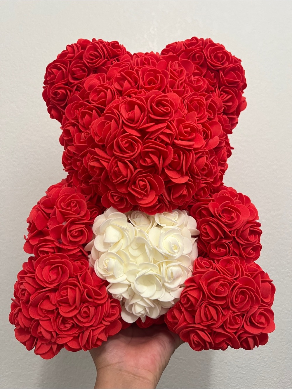 Red Rose Teddy Bear with Cream Heart - Decorative Faux Floral Accent